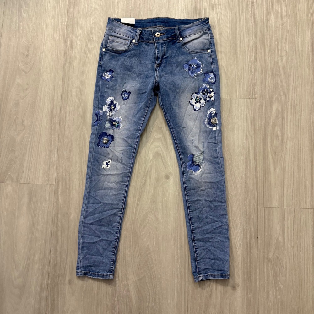Jean Louis Francois Jean Women Embellished Floral Distressed Skinny Blue Size M